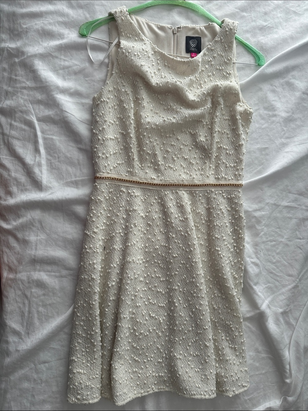 Vince Camuto Cream Textured Sleeveless Dress with Gold Waist Trim